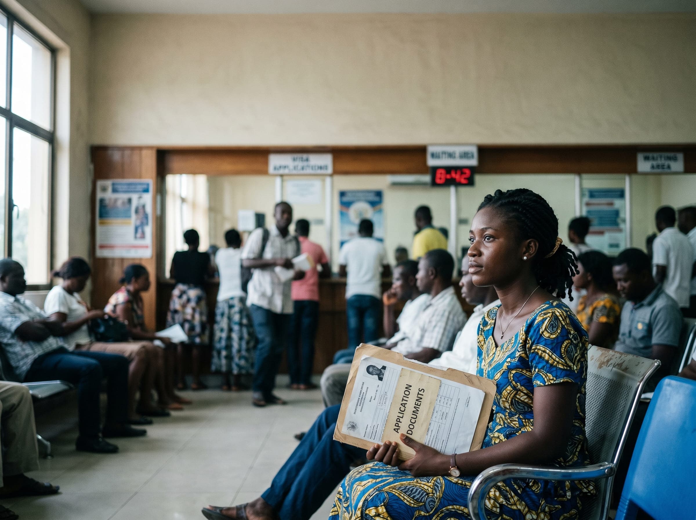 A visa applicant waiting with her documents in the embassy hall